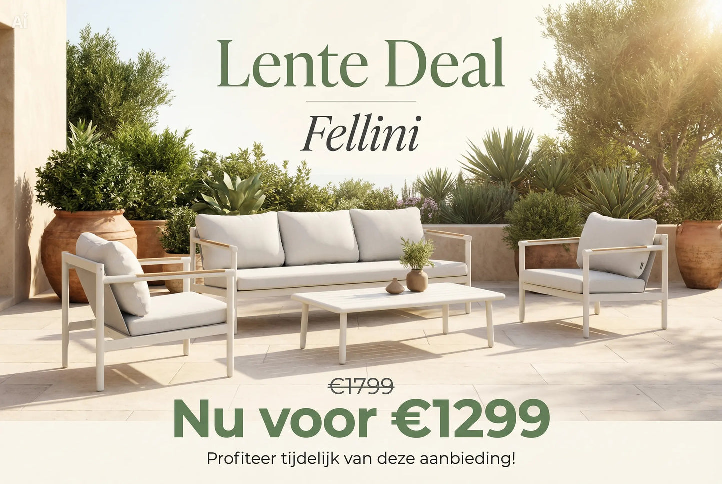 Luxe Tuinmeubel Set Fellini - Loungeset Met Salontafel Travertine Style